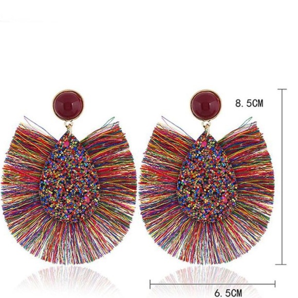 Rainbow tassel fringe druzy statement earrings - Picture 5 of 5